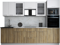 Кухонный гарнитур Интерлиния Мила Gloss 2.8 (белый софт/дуб вотан/травертин серый) - 