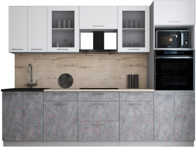 Кухонный гарнитур Интерлиния Мила Gloss 2.8 (белый софт/керамика/травертин серый)