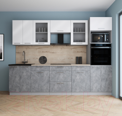 Кухонный гарнитур Интерлиния Мила Gloss 2.8 (белый софт/керамика/травертин серый)