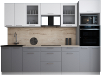 Кухонный гарнитур Интерлиния Мила Gloss 2.8 (белый софт/серый софт/травертин серый) - 