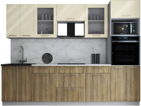 Кухонный гарнитур Интерлиния Мила Gloss 2.8 (ваниль глянец/дуб вотан/травертин серый) - 