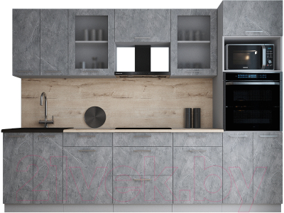 Кухонный гарнитур Интерлиния Мила Gloss 2.8 (керамика/керамика/травертин серый)