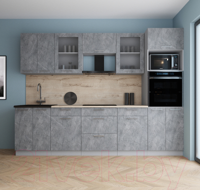 Кухонный гарнитур Интерлиния Мила Gloss 2.8 (керамика/керамика/травертин серый)