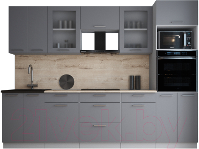 Кухонный гарнитур Интерлиния Мила Gloss 2.8 (серый софт/серый софт/травертин серый)