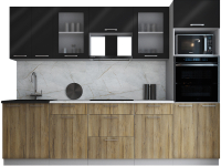 Кухонный гарнитур Интерлиния Мила Gloss 2.8 (черный глянец/дуб вотан/травертин серый) - 