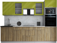 Кухонный гарнитур Интерлиния Мила Gloss 2.8 (яблоко глянец/дуб вотан/травертин серый) - 