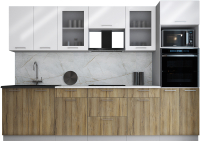 Кухонный гарнитур Интерлиния Мила Gloss 3.0 (белый глянец/дуб вотан/травертин серый) - 