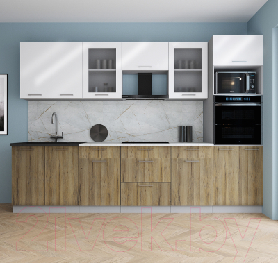 Кухонный гарнитур Интерлиния Мила Gloss 3.0 (белый глянец/дуб вотан/травертин серый)