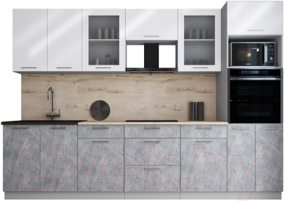 Кухонный гарнитур Интерлиния Мила Gloss 3.0 (белый глянец/керамика/травертин серый)