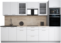 Кухонный гарнитур Интерлиния Мила Gloss 3.0 (белый софт/белый софт/травертин серый) - 