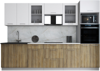 Кухонный гарнитур Интерлиния Мила Gloss 3.0 (белый софт/дуб вотан/травертин серый) - 