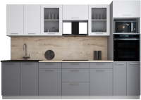 Кухонный гарнитур Интерлиния Мила Gloss 3.0 (белый софт/серый софт/травертин серый) - 