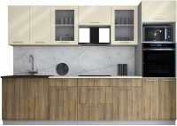 Кухонный гарнитур Интерлиния Мила Gloss 3.0 (ваниль глянец/дуб вотан/травертин серый) - 