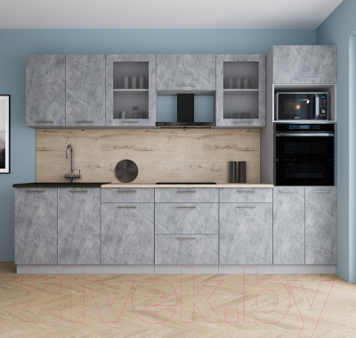 Готовая кухня Интерлиния Мила Gloss 3.0 (керамика/керамика/травертин серый)
