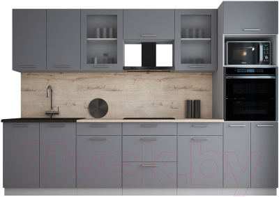 Кухонный гарнитур Интерлиния Мила Gloss 3.0 (серый софт/серый софт/травертин серый)