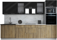 Кухонный гарнитур Интерлиния Мила Gloss 3.0 (черный глянец/дуб вотан/травертин серый) - 