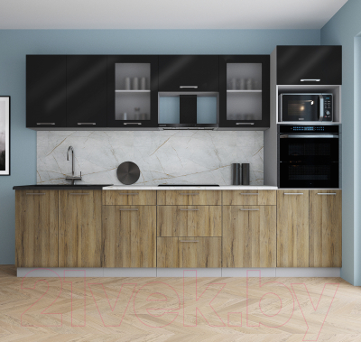 Кухонный гарнитур Интерлиния Мила Gloss 3.0 (черный глянец/дуб вотан/травертин серый)