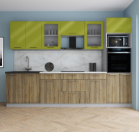 Кухонный гарнитур Интерлиния Мила Gloss 3.0 (яблоко глянец/дуб вотан/травертин серый) - 