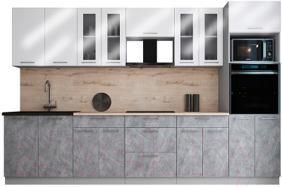 Кухонный гарнитур Интерлиния Мила Gloss 3.2 (белый глянец/керамика/травертин серый)