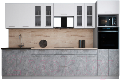 Кухонный гарнитур Интерлиния Мила Gloss 3.2 (белый софт/керамика/травертин серый)