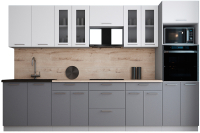 Кухонный гарнитур Интерлиния Мила Gloss 3.2 (белый софт/серый софт/травертин серый) - 