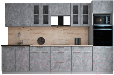 Кухонный гарнитур Интерлиния Мила Gloss 3.2 (керамика/керамика/травертин серый)
