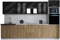 Кухонный гарнитур Интерлиния Мила Gloss 3.2 (черный глянец/дуб вотан/травертин серый) - 