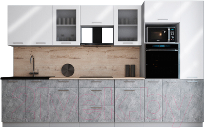 Готовая кухня Интерлиния Мила Gloss 3.4 (белый глянец/керамика/травертин серый)