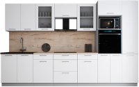 Кухонный гарнитур Интерлиния Мила Gloss 3.4 (белый софт/белый софт/травертин серый) - 