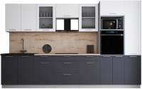 Кухонный гарнитур Интерлиния Мила Gloss 3.4 (белый софт/графит софт/травертин серый) - 