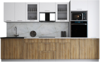 Кухонный гарнитур Интерлиния Мила Gloss 3.4 (белый софт/дуб вотан/травертин серый) - 