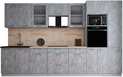 Готовая кухня Интерлиния Мила Gloss 3.4 (керамика/керамика/травертин серый)