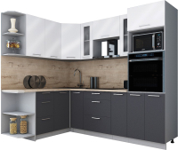 Кухонный гарнитур Интерлиния Мила Gloss 1.68x2.4 левая (белый глянец/графит софт/травертин серый) - 