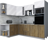 Кухонный гарнитур Интерлиния Мила Gloss 1.68x2.4 левая (белый глянец/дуб вотан/травертин серый) - 