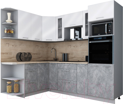 Кухонный гарнитур Интерлиния Мила Gloss 1.68x2.4 левая (белый глянец/керамика/травертин серый)