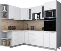 Кухонный гарнитур Интерлиния Мила Gloss 1.68x2.4 левая (белый софт/белый софт/травертин серый) - 