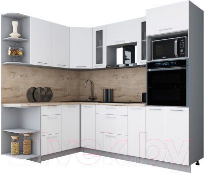 Кухонный гарнитур Интерлиния Мила Gloss 1.68x2.4 левая (белый софт/белый софт/травертин серый)