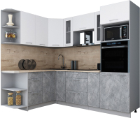 Кухонный гарнитур Интерлиния Мила Gloss 1.68x2.4 левая (белый софт/керамика/травертин серый) - 