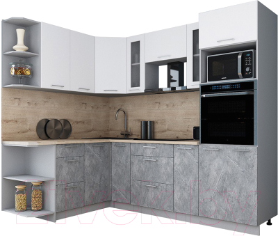 Готовая кухня Интерлиния Мила Gloss 1.68x2.4 левая (белый софт/керамика/травертин серый)