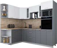 Кухонный гарнитур Интерлиния Мила Gloss 1.68x2.4 левая (белый софт/серый софт/травертин серый) - 