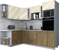 Кухонный гарнитур Интерлиния Мила Gloss 1.68x2.4 левая (ваниль глянец/дуб вотан/травертин серый) - 