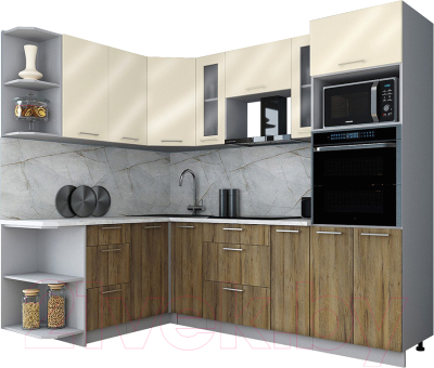 Кухонный гарнитур Интерлиния Мила Gloss 1.68x2.4 левая (ваниль глянец/дуб вотан/травертин серый)