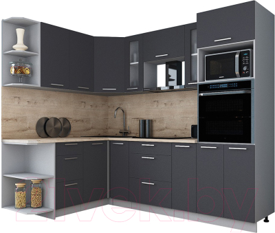 Кухонный гарнитур Интерлиния Мила Gloss 1.68x2.4 левая (графит софт/графит софт/травертин серый)