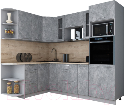 Кухонный гарнитур Интерлиния Мила Gloss 1.68x2.4 левая (керамика/керамика/травертин серый)