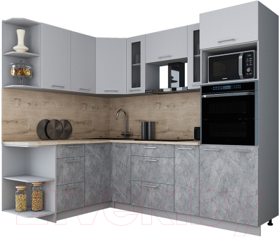 Кухонный гарнитур Интерлиния Мила Gloss 1.68x2.4 левая (пепел софт/керамика/травертин серый)