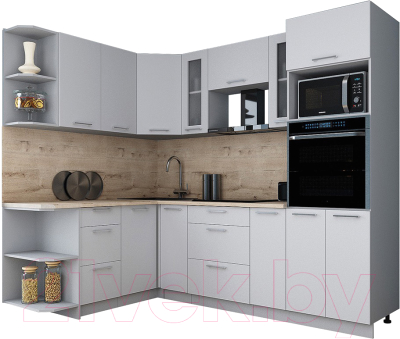 Готовая кухня Интерлиния Мила Gloss 1.68x2.4 левая (пепел софт/пепел софт/травертин серый)