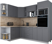 Кухонный гарнитур Интерлиния Мила Gloss 1.68x2.4 левая (серый софт/серый софт/травертин серый) - 