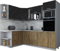 Кухонный гарнитур Интерлиния Мила Gloss 1.68x2.4 левая (черный глянец/дуб вотан/травертин серый) - 