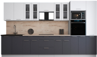 Кухонный гарнитур Интерлиния Мила Gloss 3.6 (белый софт/графит софт/травертин серый) - 
