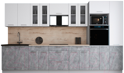 Кухонный гарнитур Интерлиния Мила Gloss 3.6 (белый софт/керамика/травертин серый)